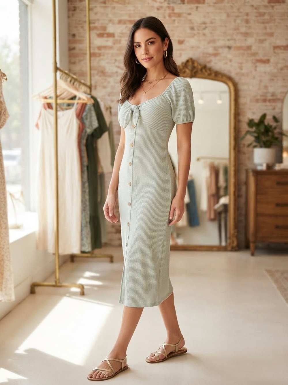 Tie-Front Puff Sleeve Midi Dress in Sage Green